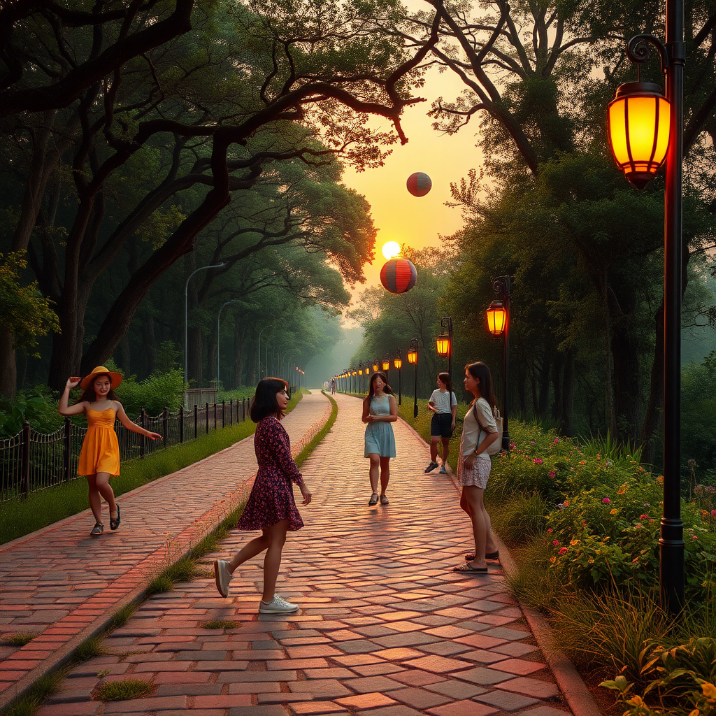 Midsummer. It is a hot late summer evening. The sun has already set. Three young, pretty Asian women are playing jump rope. Two other modern Asian women are playing badminton. Two more young Asian women are chatting on the roadside. A roughly 500-meter long, uneven, and 2-meter wide bike and footpath runs along the edge of the forest, with strikingly colored and variously sized cobblestones. For 50 meters of the path, large trees grow overhead like a roof. Regularly, on the left and right of the path, at staggered intervals of about three meters, there are approximately 1-meter high lanterns that illuminate the path in a colorful and effective way, each differing in color and designed in the style of the 1950s. Small colorful herbs and wildflowers bloom on both sides of the path. A part of the sky is visible. Like in a fantasy image, a few veil clouds are present, glowing in pastel colors from the now-set sun. The scene is bathed in warm yellow light. The threatening atmosphere is mystical, eerie, and surreal. Haze has formed in the background. Weeds have been growing for two months. Note: The Asian women are a very important aspect of the image generation. They are meant to alleviate the viewer's fear. With the many Asian women present, the viewer feels not alone and safe. The Asian women make themselves known and look at the viewer with friendliness. The Asian women are to be generated as real and human.