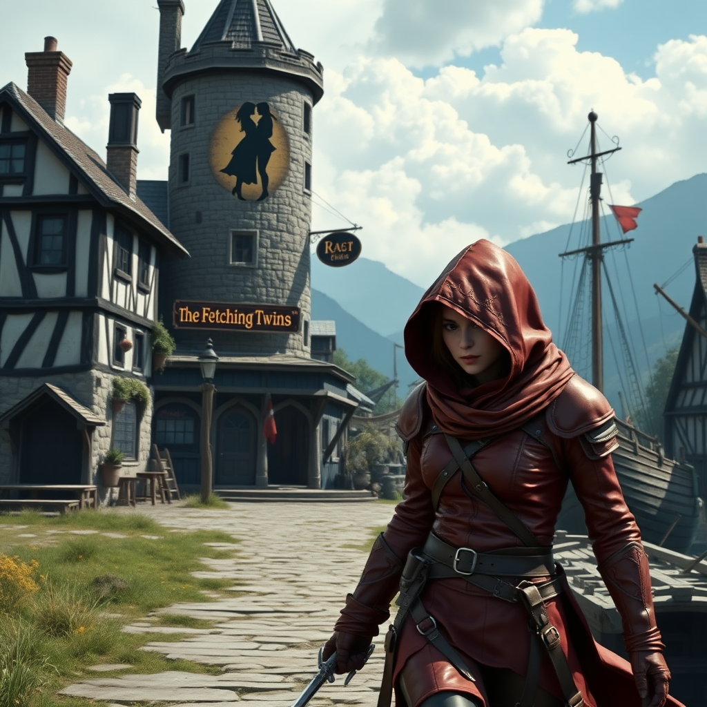 A wide distance shot of a female thief in a pastoral fantasy town. Mage tower in the background. She is fleeing from someone. Bar called "The Fetching Twins" sign (consisting of a silhouette of two women leaning together for a kiss). Village of Dryden, dock with a run-down ship. She is wearing red leather armor with a hood, sword belt.