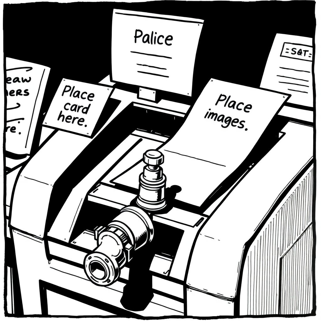 Comic image with only black ink of a paper scanner that has a terminal to pay with card. It has two signs. One says "Place card here." The other one says "Place images here." In the output, there's a valve that tells you the pressure of the image.