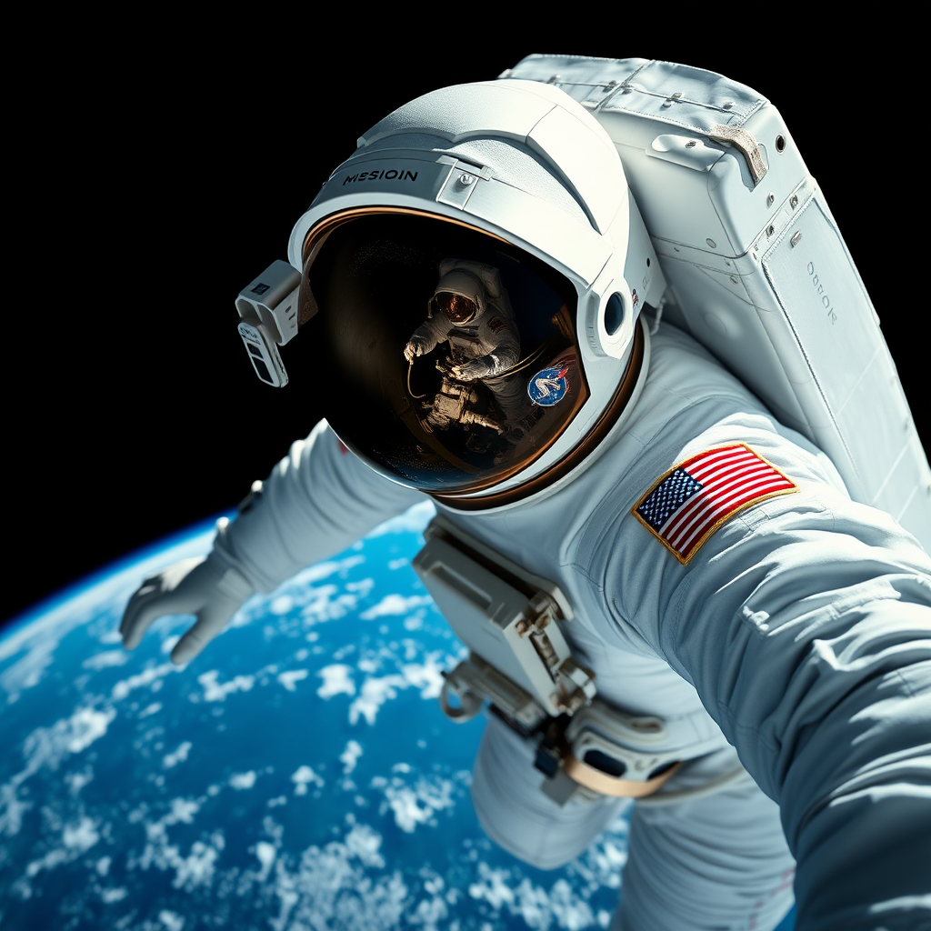 Astronaut in a space suit, captured in a hyper-realistic style, floating in the vastness of outer space. The scene shows the curvature of Earth below, vibrant blues of the oceans speckled with white clouds, and the stark blackness of space surrounding. The astronaut’s visor reflects a detailed glimpse of another astronaut working on the International Space Station, highlighting their intricate equipment. The suit is predominantly white with colorful mission patches and an American flag, emphasizing a sense of adventure and exploration. The lighting is bright, showcasing the textures of the suit and the reflective visor, creating a dramatic contrast between light and shadow.