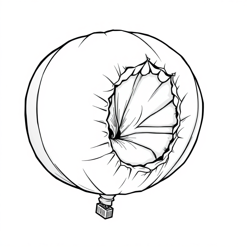 a balloon, tense fabric, massive protruding hernia in the balloon, side view, 2D, caricature, cartoon, Sketch lines, coloring book, coloring book style on white background, well composed, clean coloring book page, No dither, no gradient, strong outline, No fill, No solids, vector illustration, realistic proportions