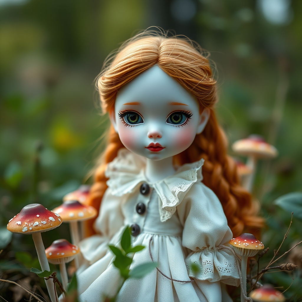 ooak art doll in nature, looking at camera, shy flirting, bisque doll, artist doll, realistic doll, life-like porcelain doll, handmade, one of a kind, focus stacking, abstract, minimalist art, in focus, hyperfocal, bisque porcelain, Victorian dress, symmetric, sacred geometry, original, unique personality, dynamic, cinematic scene, centered, zoom shot, dept of field, low key lighting, preteen ginger girl, balanced colors, Alice in wonderland, mushrooms