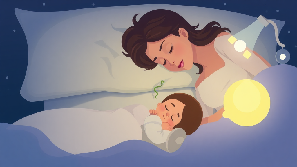 A mother trying to sleep a little baby in night animation