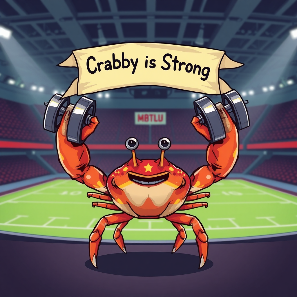 A crab lifting barbell weights over his head with his claws in a sport arena with a banner overhead that says "Crabby is Strong"