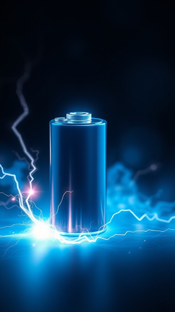 The appearance of an electric spark in a secondary battery cell, please express it as a realistic image using 3D rendering, express the background as a cybernetic and mysterious image, and express the overall color as dark blue.