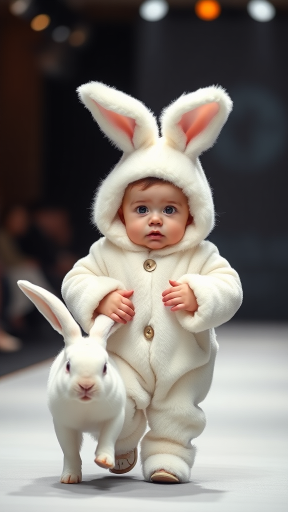 A cute small chubby fair baby big eyes pink lips pink cheeks wearing a furry cozy white rabbit costume doing ramp walk in a fashion show walking with a real white big rabbit holding in hands cinematic