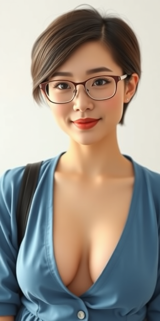 A beautiful Chinese girl, short hair, wearing glasses, slightly plump, curvy figure, small chest, in a blue outfit.