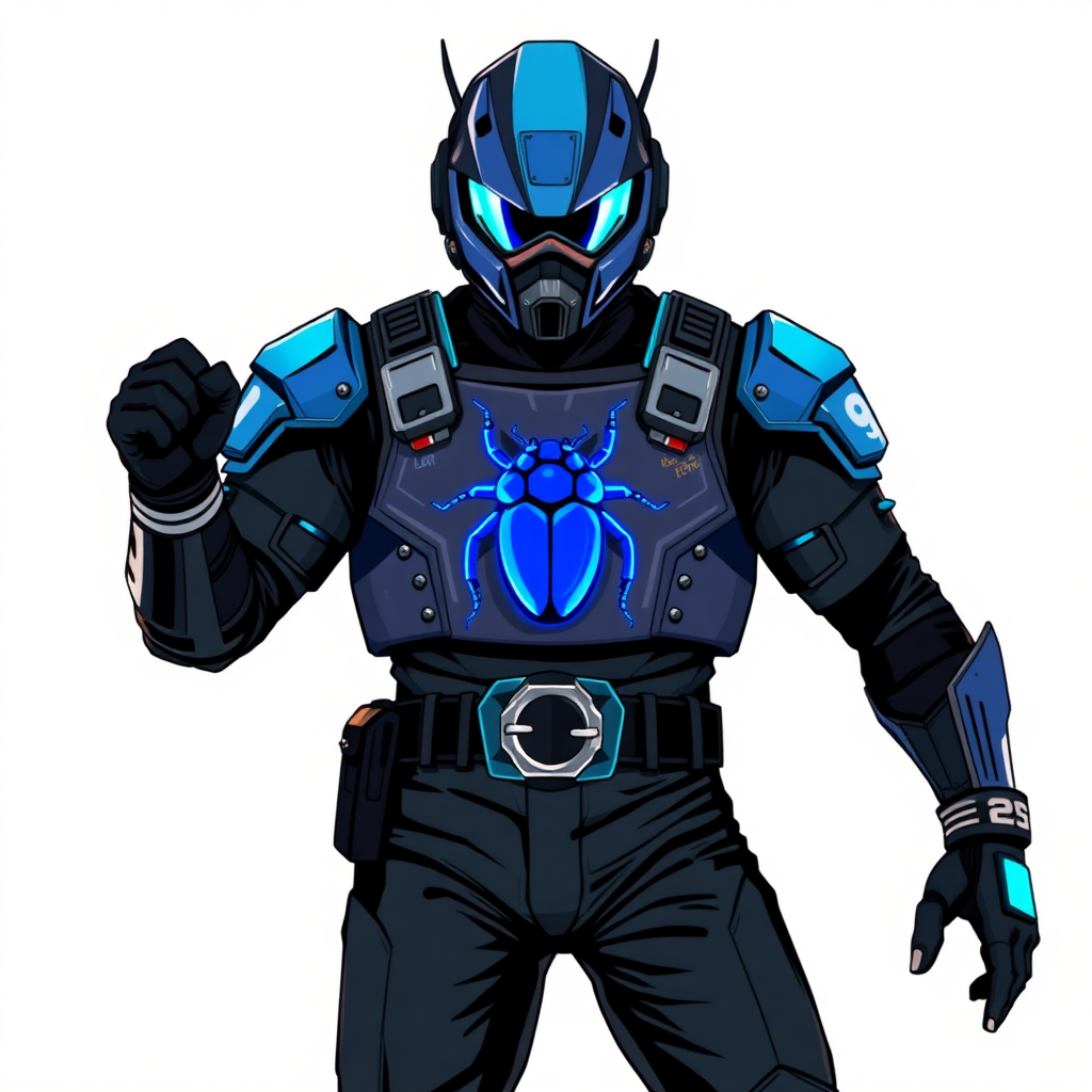 A 28-year-old cyberpunk vigilante stands heroically, clad in hi-tech, maximum blue tactical armor featuring a neon blue beetle on the chest. He wears black biker pants, a black belt with a sapphire beetle buckle, and a helmet resembling a sleek, tactical design, but colored maximum blue with neon blue lenses. Their hands are protected by black hi-tech gloves, all set against a solid white background. He is drawn as if he was in a retro 2D cyberpunk fighting game.