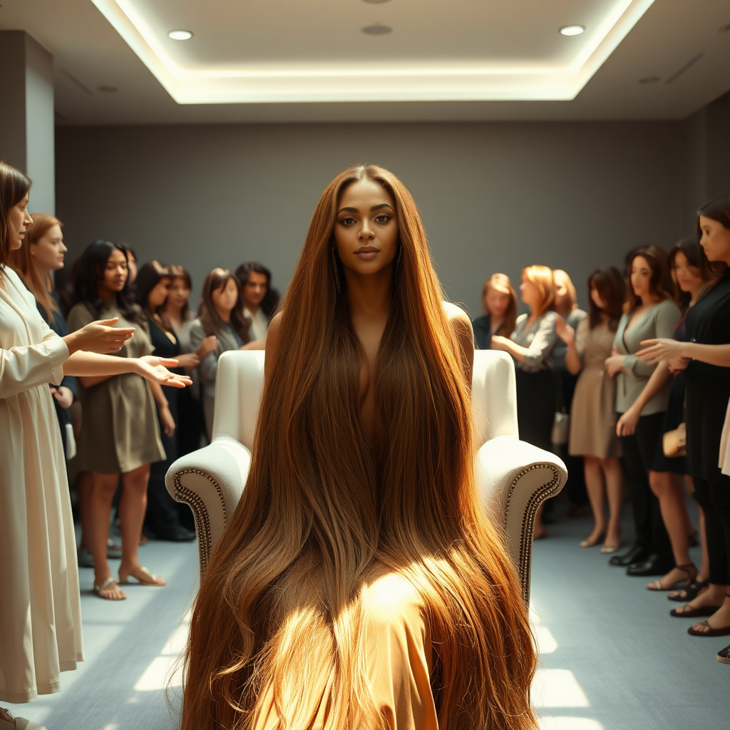 In an elegant, sunlit salon, adorned with soft, minimalistic decor, the stunning Beyoncé sits gracefully in a plush chair, her incredibly long, luxurious hair cascading like a flowing waterfall of silk down her shoulders and past her waist. The gentle glow of overhead lights highlights the rich, deep hues of her hair, each strand reflecting the brilliance of the space around her. 

As an interactive long hair fetish performance art exhibit unfolds, curious visitors gather around, their eyes alight with fascination and excitement. Some eagerly reach out, gently grasping her hair between their fingers, feeling the smooth texture slip through their hands, while others playfully tug at it, testing the boundaries of their interactions. Each movement is accompanied by a symphony of soft gasps and murmurs of appreciation, enhancing the atmosphere of intimacy and connection.

The background is a simple, unobtrusive gray, allowing the artistry of the moment to take center stage. The air is charged with a sense of wonder and exploration, as visitors not only admire Beyoncé's hair but also engage in this tactile experience, deepening their understanding of the artistry behind her presence. Her expression is a mixture of serenity and playful engagement, reflecting her comfort and trust in this unique performance, ultimately creating a captivating scene where art and audience intertwine seamlessly.