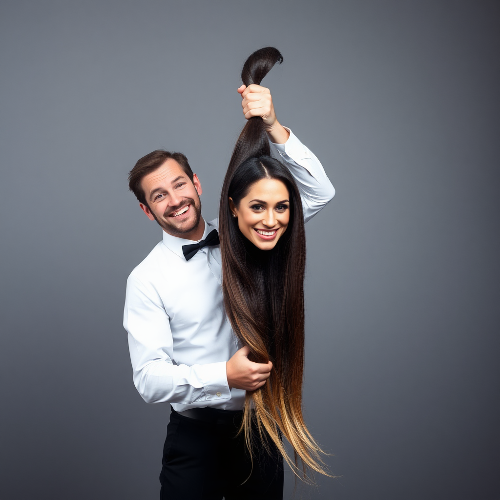 A surreal image of a smiling male magician standing to the side while holding up the disembodied head of a very long haired Meghan Markle by her hair to display it to the camera. He is grabbing her very long hair and pulling it up high in the air, while her head is hanging by her hair from his grasp. Plain gray background.