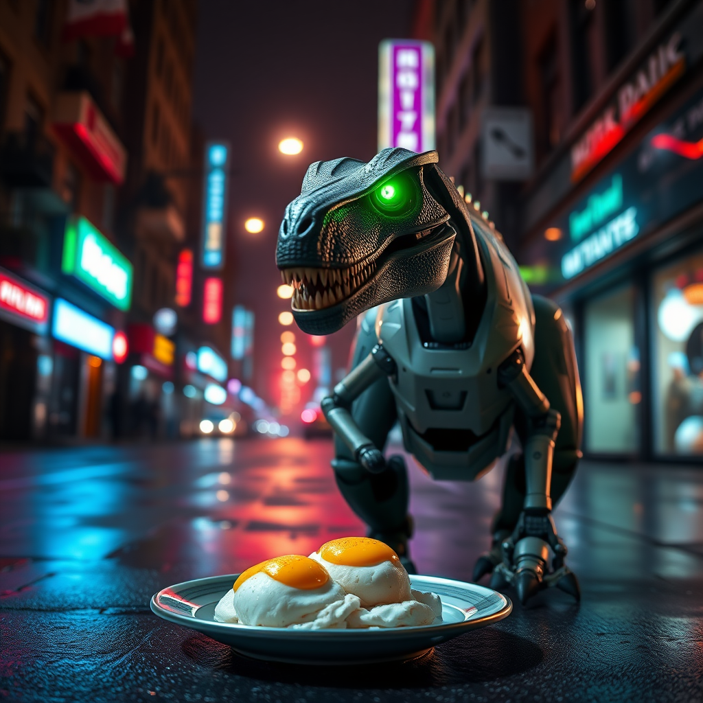 highly detailed photorealistic image of a robotic velociraptor with glowing green eyes standing in a street. It is night and the street is lit with many neon lights of different colours. The street is wet and the buildings in the background fade off into the distance. There is a plate of poached eggs in the foreground which is confusing the velociraptor.