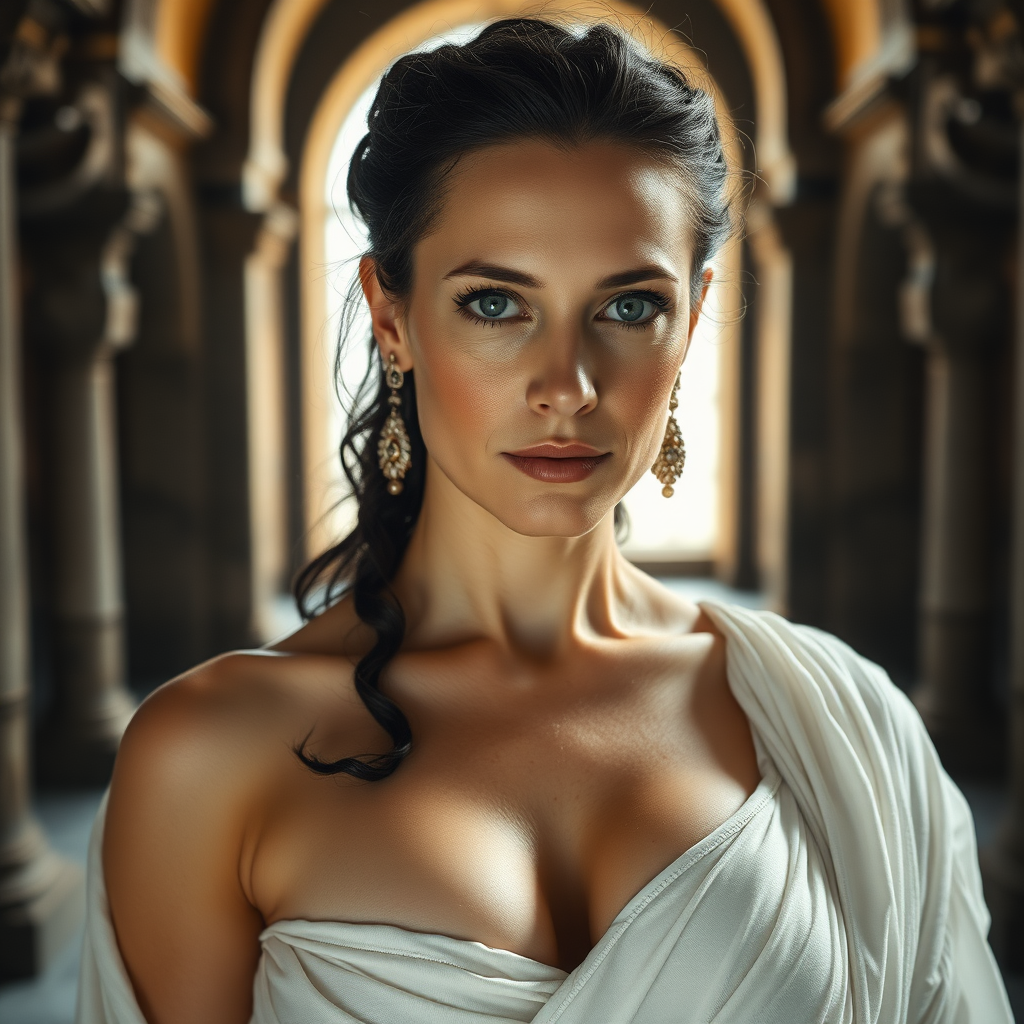 The female queen, aged 40, possesses pale skin complemented by striking grey eyes and a seductive gaze, with black Greek-style hair that frames her youthfully smooth visage with subtle wrinkles. Her attire consists of a sheer, white, low-cut Roman garment that exposes her ample bosom, allowing the skin of her breasts to peek through the fabric. She adorns herself with elegant earrings and a necklace, exuding a captivating MILF allure within the grandiose setting of a majestic castle, all captured under the dramatic flair of cinematic movie lighting and presented with ultra-high-definition 8k photographic detail.