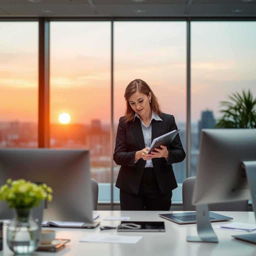 create images of an executive secretary guiding her supervisor to have more efficient communication in a modern technology office, with a sunset in the background