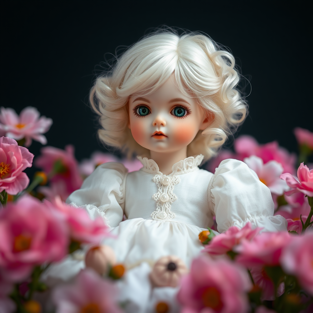 ooak art doll in a bed of flowers, staring at camera, flirting, artistic photograph, artist doll, realistic doll, life-like porcelain doll, handmade, one of a kind, focus stacking, abstract, minimalist art, in focus, hyperfocal, bisque porcelain, Victorian dress, floral, symmetric, sacred geometry, original, unique personality