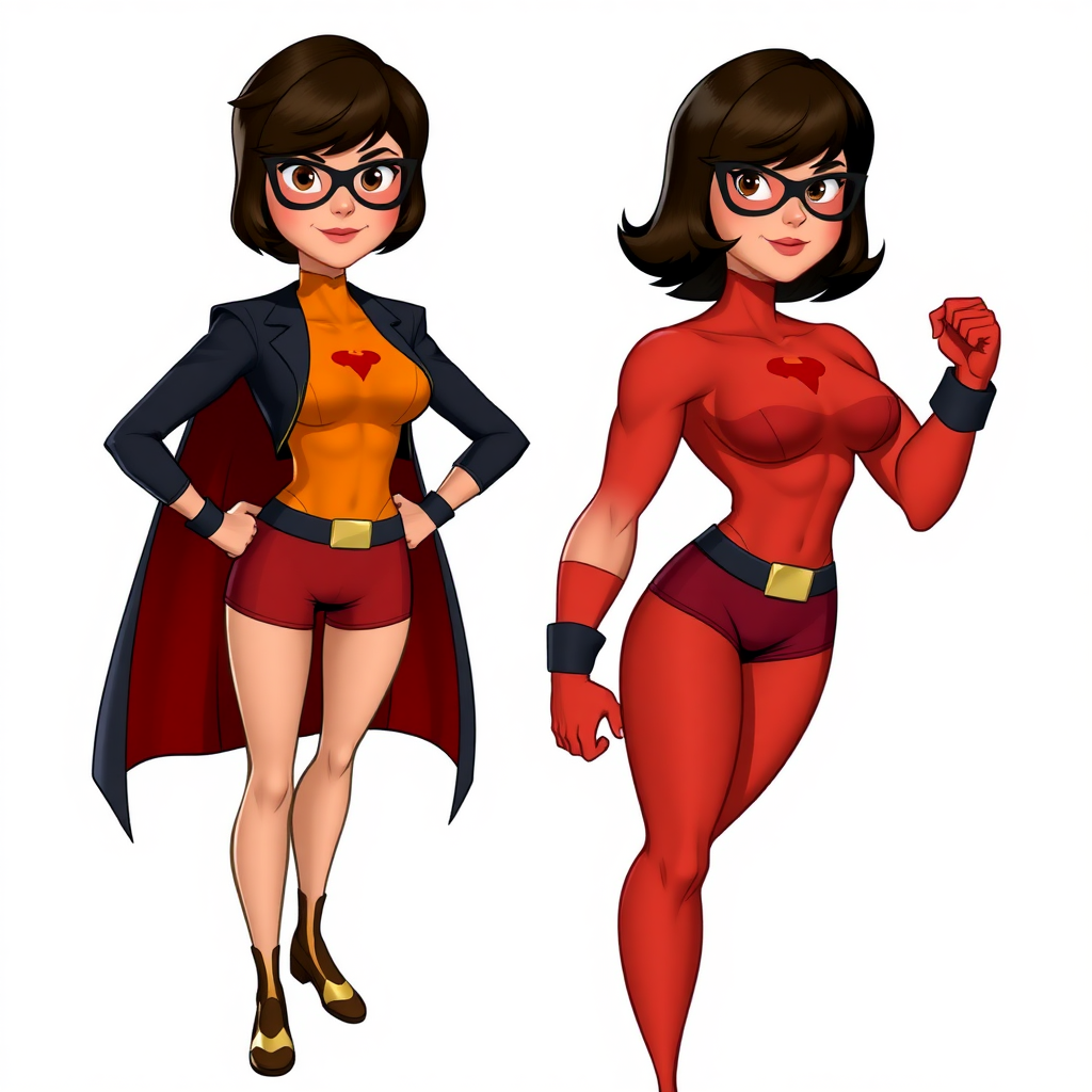 Create a hyper-realistic render of Velma Dinkley featuring a superhero's chiseled, heroic physique, including broad shoulders and powerful muscles. Keep Velma's head intact, but modify her silhouette to reflect her new body type. Include a background appropriate for both character designs.