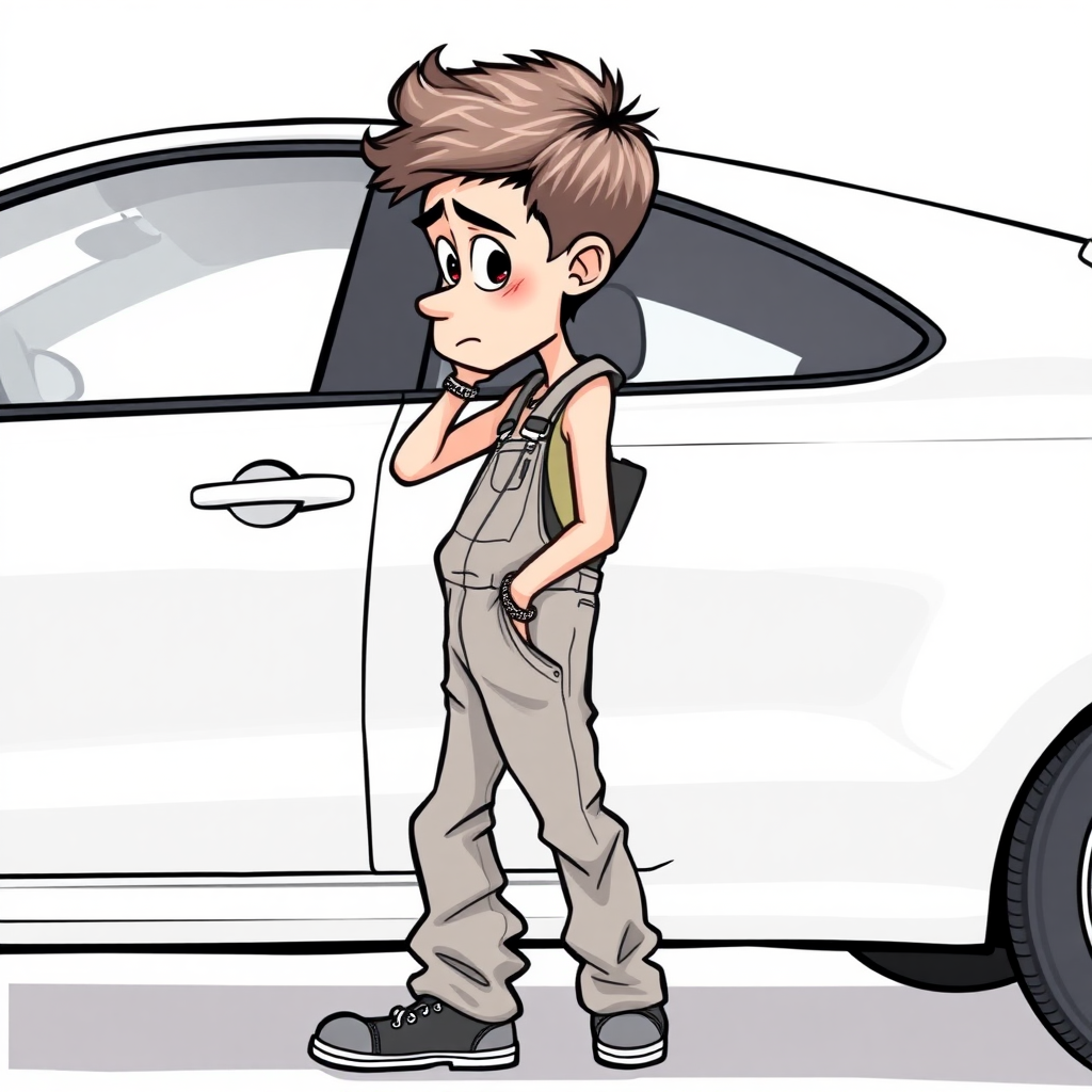 shy nervous small 18 year old european skinny man, coveralls, tense fabric, take a picture from a distance of a white VW Polo V, fascinated, side view, detailed feet, 2D, caricature, cartoon, Sketch lines, coloring book, coloring book