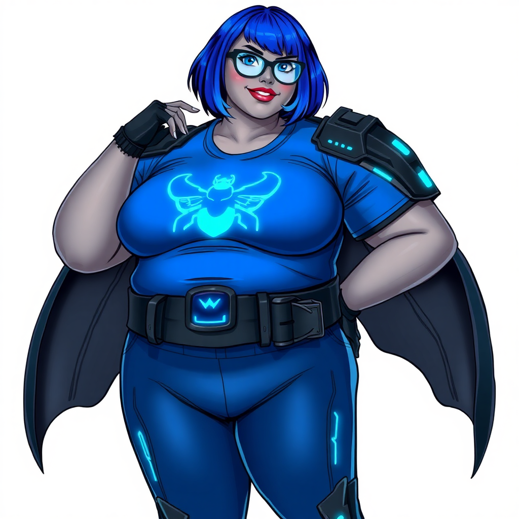 A 28-year-old, full-figured, middle gray skinned computer program hybrid with a maximum blue bob cut. She has a non-athletic build, highlighted by a prominent, round, large midsection (with heavy emphasis on her large belly). As the full-figured digital sidekick to her cyberpunk vigilante boyfriend, her middle gray metallic skin and maximum blue lipstick emphasize her digital nature. She wears a digital, computerized costume inspired by DC’s Carrie Kelly Robin, consisting of a huge, tight-fitting, maximum blue t-shirt with a neon blue glowing chest icon of a beetle, hi-tech shoulder pads with neon blue accents, a black hi-tech belt with a digital neon blue glowing buckle, digital maximum blue pants with neon blue accents, and black hi-tech fingerless biker gloves with neon blue glowing accents. Her bright blue eyes, black eyeglasses with a neon blue glowing HUD built into the lenses, and shy smile with neon red blush accentuate her nerdiness. She stands bashfully with one hand behind her back and the other hand gently touching her cheek, her costume covering all her skin and emphasizing her full-figured physique (especially her belly). She is clearly non-athletic, with a heavy focus on her large belly. Despite her build, she radiates beauty. She has a slim face compared to her physique, accentuating her radiant beauty. She is on a solid white background. She is drawn as if she were in a retro 2D cyberpunk fighting game.