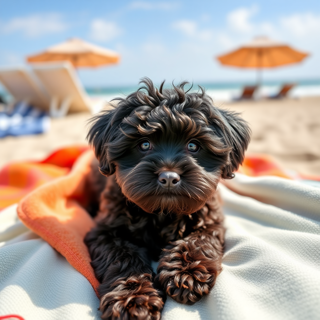 cute dark chocolate colored cockapoo, laying on super soft towels on the beach