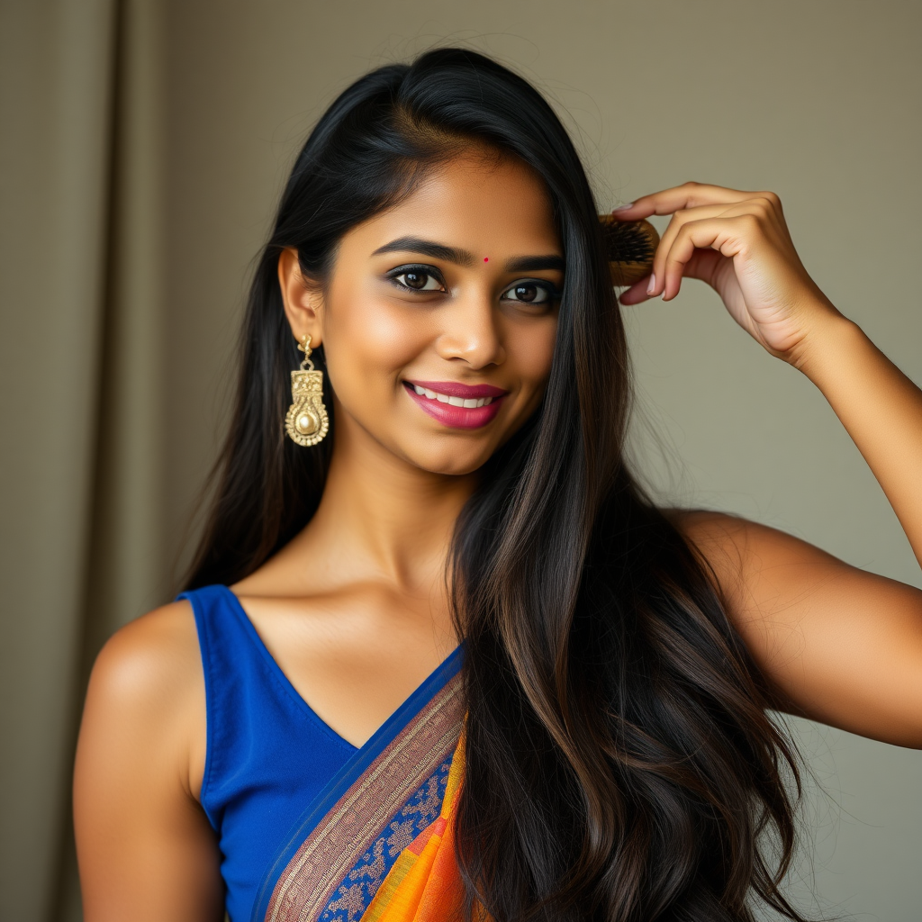 A attractive Sinhalese woman in her 20s brushing out her long hair