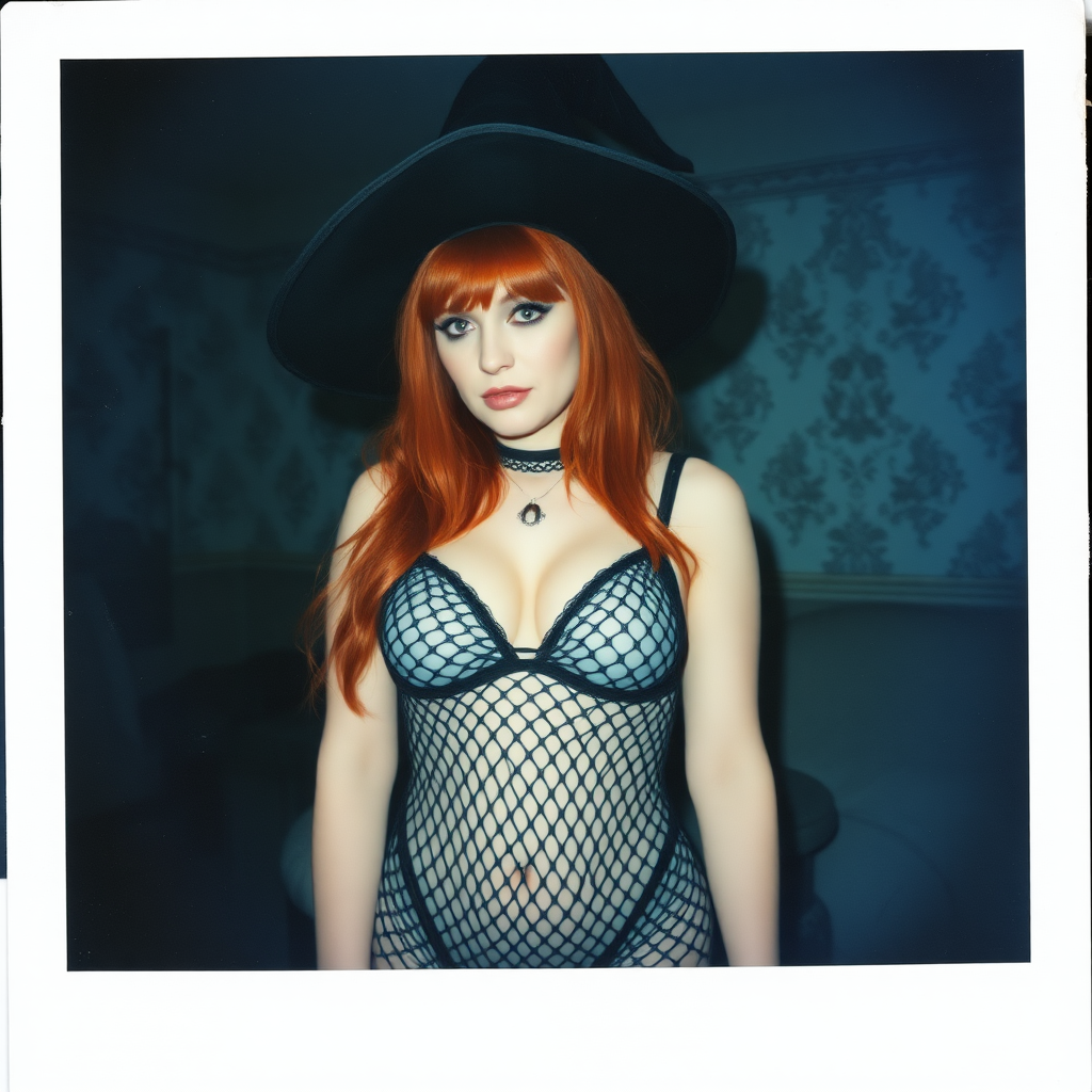 Scan of an old polaroid photo with heavy dark vignetting and a blue color tint to the photograph and visible light leaks. The photo depicts a sexy alt goth girl with pale skin and red hair. She has a plump booty. She has large breasts with ample cleavage and is wearing a black fishnet bodysuit. She is wearing a witch hat. The image looks hazy and grungy. She is in an old house with wallpaper on the walls. Dark lighting with camera flash used. Candid