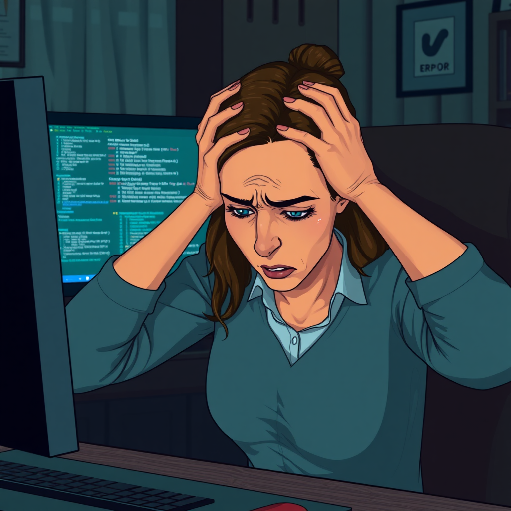 Create a realistic scene of a desperate woman sitting in front of a computer. Her posture should reflect frustration, with her hands either on her face or gripping her head. Her surroundings are a typical home or office workspace, with dim lighting adding to the tense and stressful mood. The computer screen could show error messages, glitches, or something causing her distress. The woman’s expression should be a mix of anxiety, exhaustion, and despair, with subtle attention to facial details like furrowed brows or clenched jaws.”