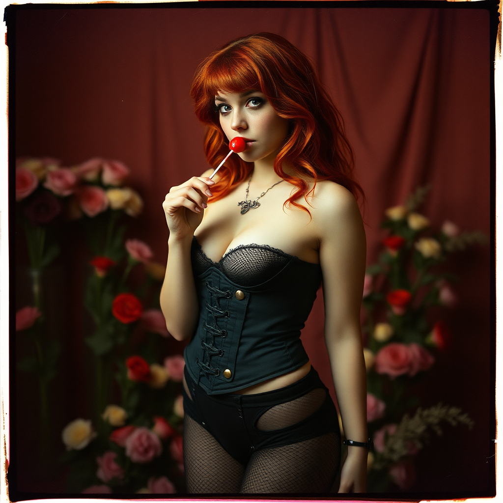 a scan of an old film photo with heavy dark vignetting and color ting and light leak and visible wear and cracking with visible lines from being folded depicting a sexy curvy alt goth girl with red hair wearing a cupless underbust corset and fishnet bra barely covering nipples and black stockings with thong panties standing in a photography studio filled with flowers, sucking on a small red lollipop with innocent look on her face