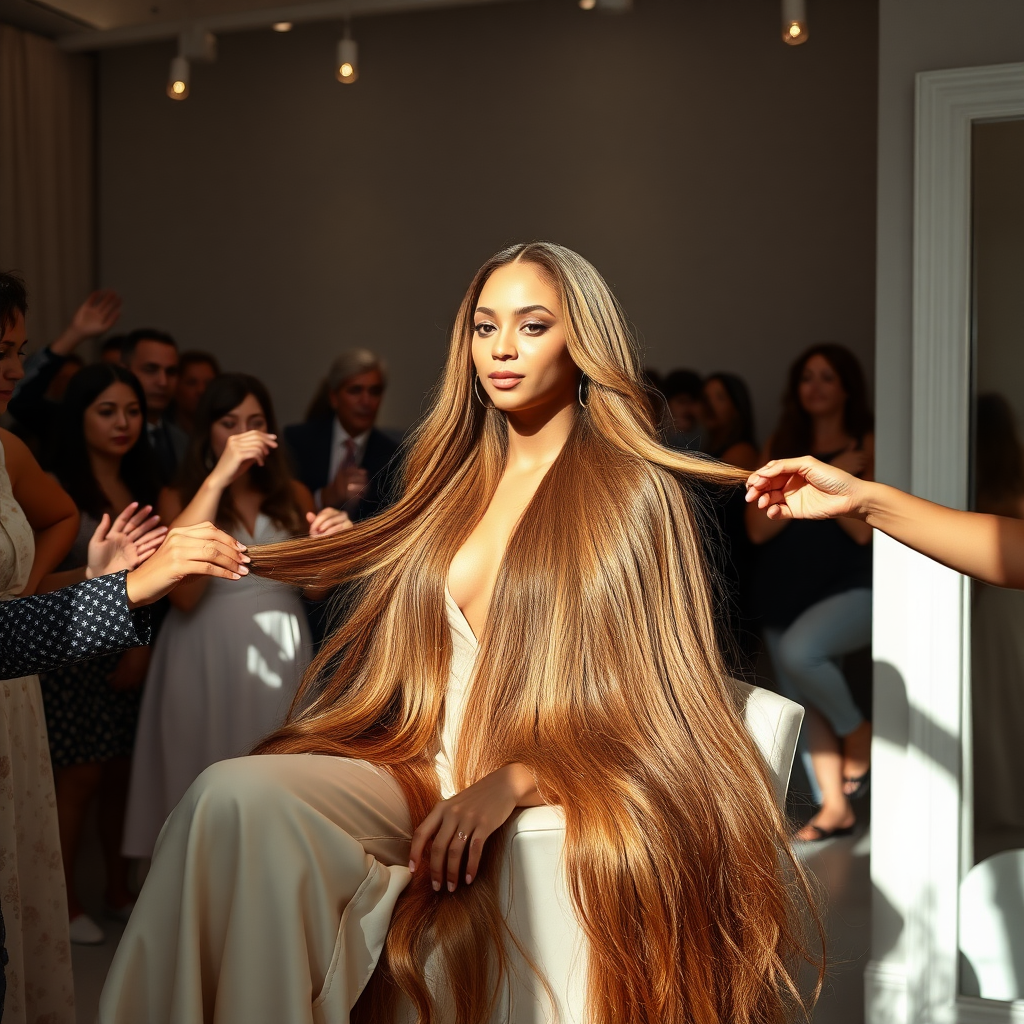 In an elegant, sunlit salon, adorned with soft, minimalistic decor, the stunning Beyoncé sits gracefully in a salon chair, her incredibly long, luxurious hair cascading like a flowing waterfall of silk down her shoulders and past her waist. The gentle glow of overhead lights highlights the rich, deep hues of her hair, each strand reflecting the brilliance of the space around her.

As an interactive long hair fetish performance art exhibit unfolds, curious visitors gather around, their eyes alight with fascination and excitement. Some eagerly reach out, gently grasping her hair between their fingers, feeling the smooth texture slip through their hands, while others playfully tug at it, testing the boundaries of their interactions. Each movement is accompanied by a symphony of soft gasps and murmurs of appreciation, enhancing the atmosphere of intimacy and connection.

The background is a simple, unobtrusive gray, allowing the artistry of the moment to take center stage. The air is charged with a sense of wonder and exploration, as visitors not only admire Beyoncé's hair but also engage in this tactile experience, deepening their understanding of the artistry behind her presence. Her expression is a mixture of serenity and playful engagement and submission, reflecting her comfort and trust in this unique performance, ultimately creating a captivating scene where art and audience intertwine seamlessly.