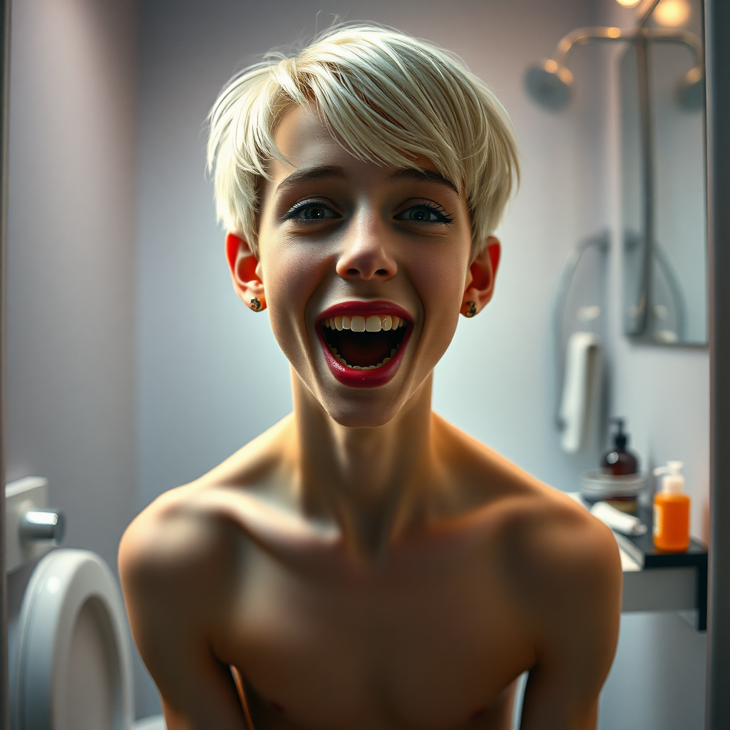 photorealistic, ultra high resolution, 16K, surreal fantasy, studio lighting, a pretty 16 year old goth boy, slim male physique, short blonde hair, goth makeup, earrings, pantyhose, white ballet shoes, in the bathroom, excited smile, facing the camera, drooling from his mouth