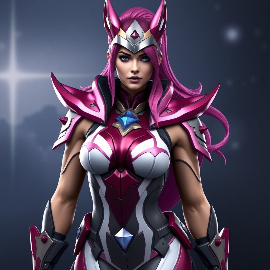 Generate a full-length hyper-realistic render of Star Guardian Jinx featuring a chiseled, heroic physique, broad shoulders, and powerful muscles while keeping her head intact. Modify the silhouette to align. Craft a background setting fitting both the Star Guardian theme and the new heroic physique.