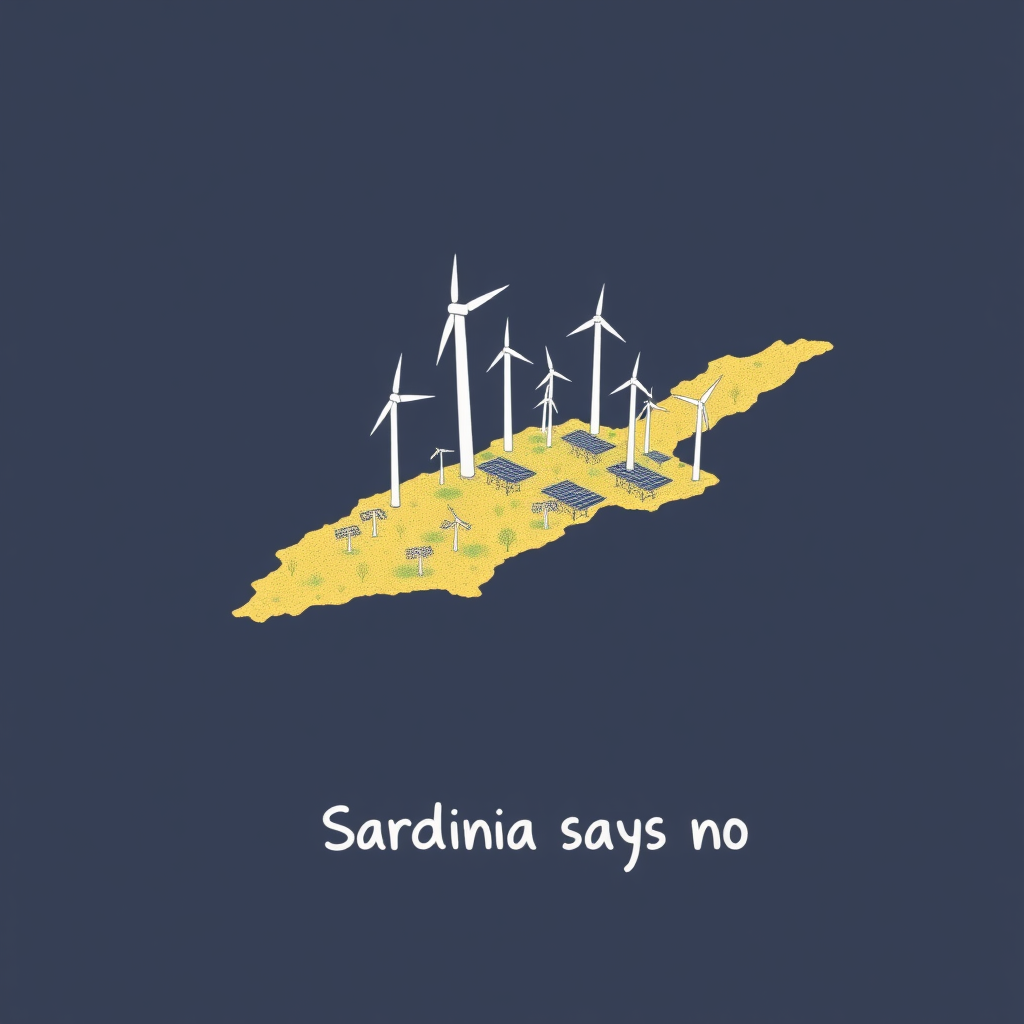 I draw Sardinia, showing it being overwhelmed by enormous wind turbines and solar panels. The style is a minimalist colored drawing, text "Sardinia says no."