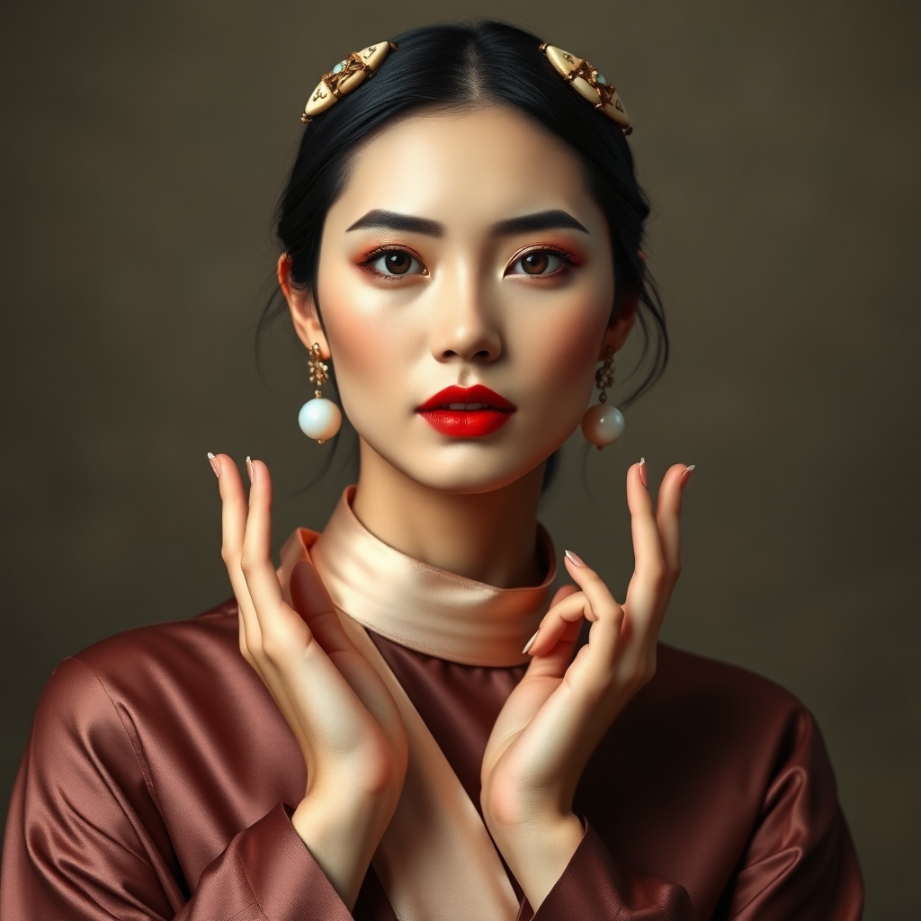 A woman is wearing silk shoes. On her head is tortoiseshell jewelry. Around her waist is a plain silk strap. She has earrings made of moon pearls. Her fingers are extremely slender and white, just like sharpened scallion roots. Her lips are rosy red, as if she has vermilion on them. Vividly presenting her beauty, elegance and dignity. The image should be highly realistic, with fine details and lifelike textures. The colors should be natural and vivid, enhancing the overall sense of authenticity.