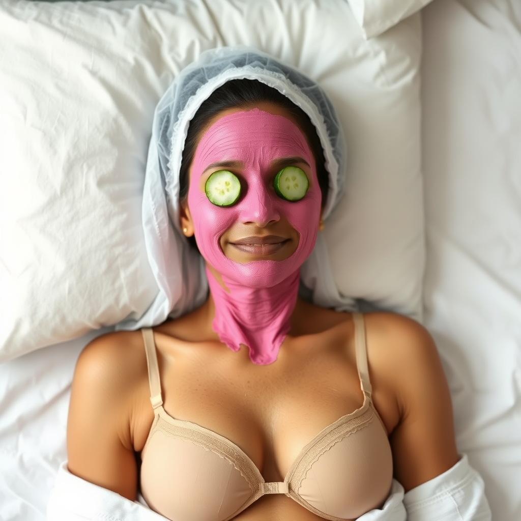 A skinny, traditional, 30 year old Indian wife with hair covering, wearing a bra, lying on a bed. Her face is covered with a pink face mask, and her eyes are covered with cucumber slices. She looks satisfied from her facial expression.