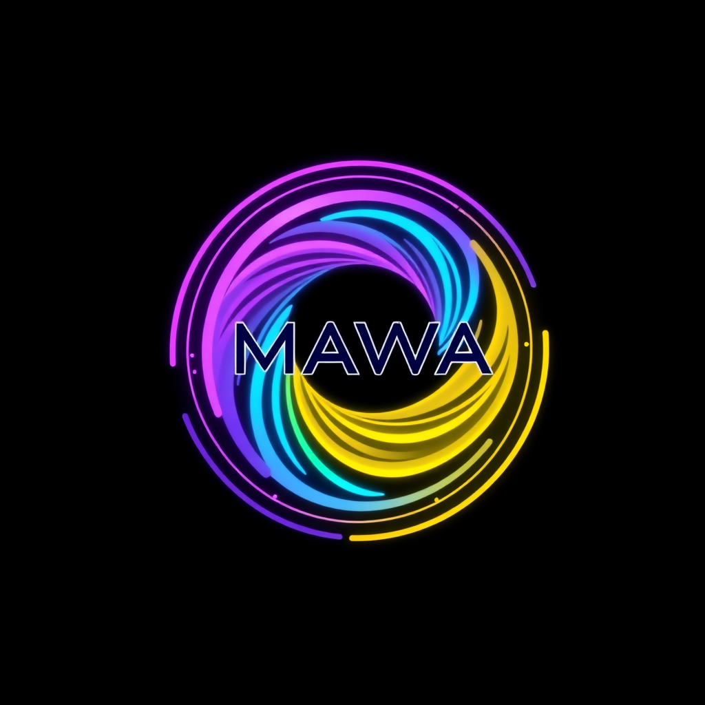 Modern Circle 4K Logo For AI Program Called "MAWA" Text Center Logo To Have Spiraling Mixing Color Pink, Purple, Blue, Yellow Futuristic AI