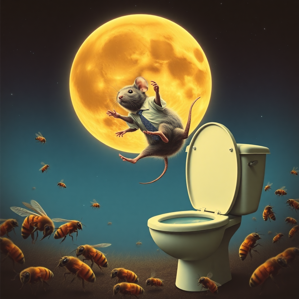 A rat politician diving off the moon into a toilet, bees, 70s musical movie poster, no text