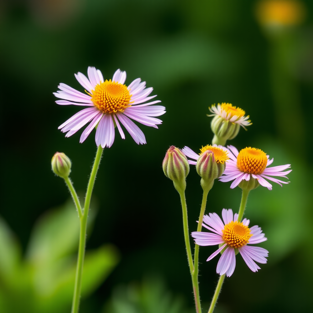 Create a realistic image, featuring beautiful wildflowers in bloom with five buds arranged naturally to the side, and the background out of focus.