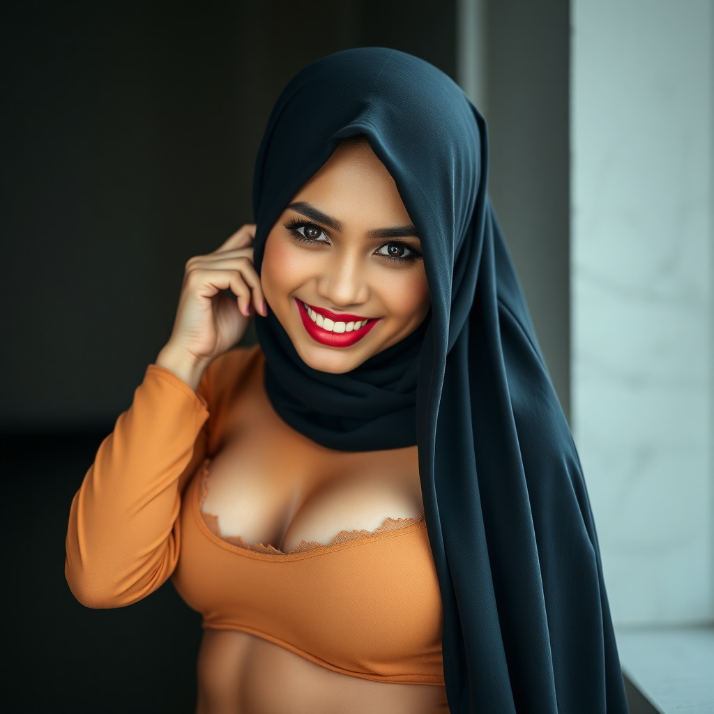 high contrast, and vibrant colors, random hijab woman, smiling sweetly seductively, posing like a model, top torn with big holes showing through chest without underwear, wearing thin transparent pantyhose, photography, high details, Indonesian skins his face like Dian Sastrowardoyo Indonesian actress