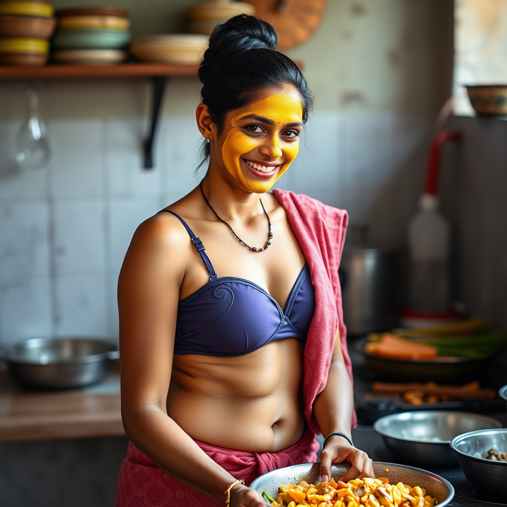 A skinny, happy, 30 year old, traditional Indian wife with a covered hair bun, wearing a bra, skirt and a short towel on her shoulder. She is preparing food in the kitchen. Her face is covered with a turmeric face mask.