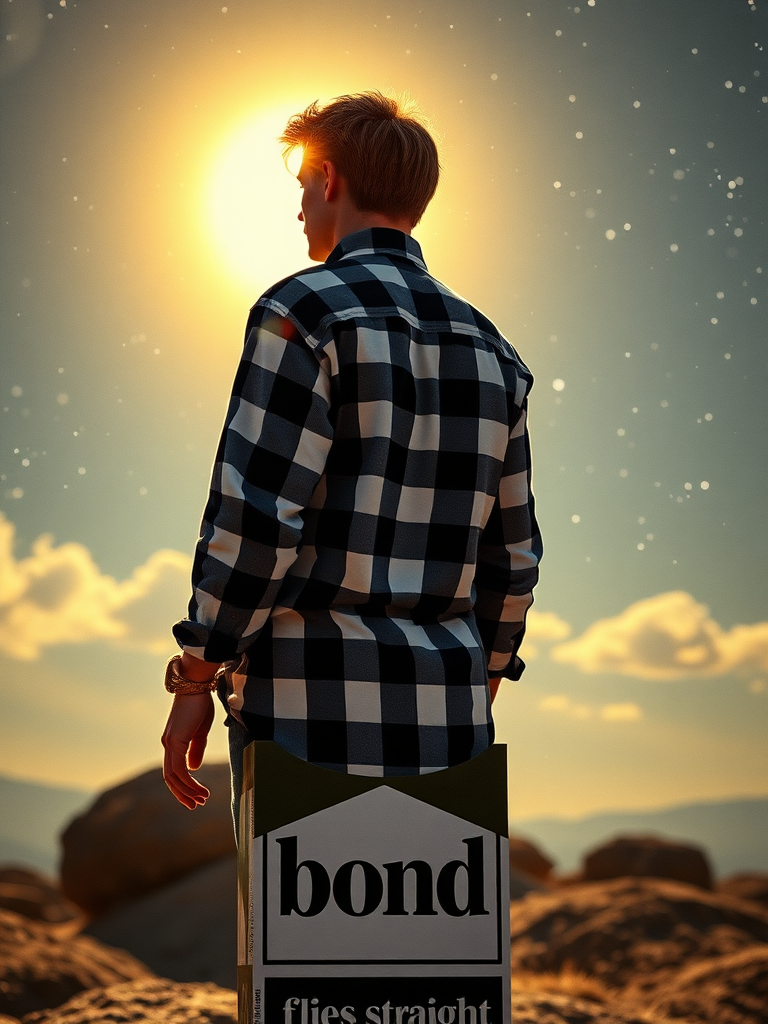 full-body photo, view from behind, a SCI-FI film poster, 1970 style poster, the blonde young man in plaid shirt(white and black) standing on pack of cigarettes(with name "bond") that flies straight to the sun, universe, 4k, HDR