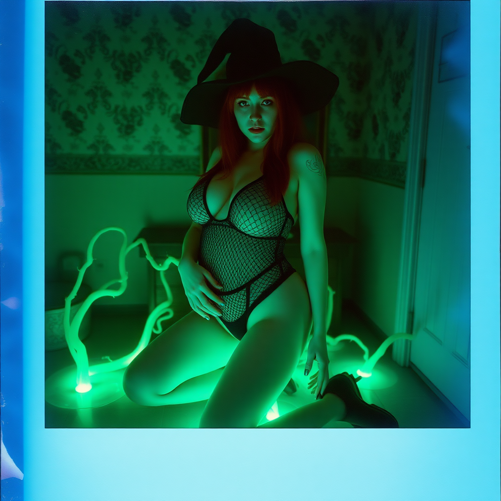 An old polaroid photo with heavy dark vignetting and a blue color tint to the photograph and visible light leaks. The photo depicts a sexy alt goth girl with pale skin and red hair. She has a plump booty. She has large breasts with ample cleavage and is wearing a black fishnet bodysuit. She is wearing a witch hat. She is surrounded by glowing translucent green vine coming out of magic bright glowing pools of water on the floor, wrapped around her arms and legs. She is straddling a green vine between her legs. The image looks hazy and grungy. She is in an old house with wallpaper on the walls. Dark lighting with flash used.