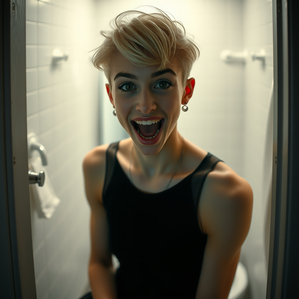 photorealistic, ultra high resolution, 16K, surreal fantasy, studio lighting, a pretty 16 year old goth boy, slim male physique, short blonde hair, goth makeup, earrings, pantyhose, white ballet shoes, in the bathroom, excited open mouth smile, facing the camera,