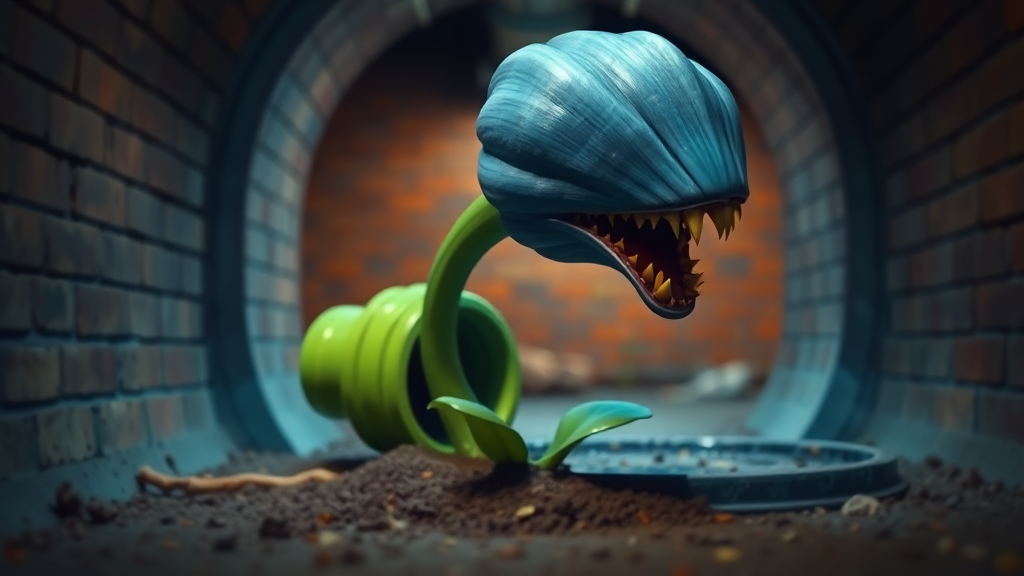 Interior. low depth of field. Underground scene with brick walls and floor. Blue tinted lighting. a large green drain pipe sticks out of the ground. growing out of the pipe opening, a monster with the head of a blue flower bulb, large mouth with pointy yellow teeth. Its body is a green flower stem with green leaves.