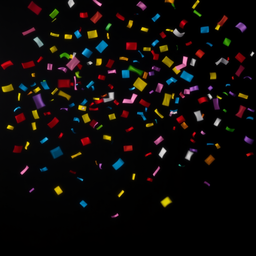 A high-resolution, dynamic image depicting colorful confetti pieces falling through the air against a plain black or dark background. The confetti should be shown in various stages of descent, creating a sense of motion and liveliness. The confetti should include a variety of shapes, sizes, and bright colors such as red, blue, yellow, green, and purple. The overall composition should have a celebratory, festive feel suitable for use as a stock photo or graphic element.