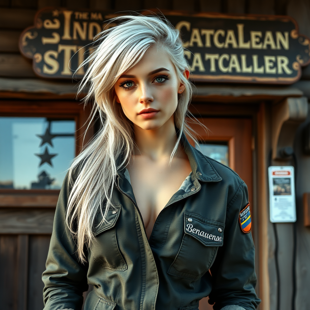 A beautiful twenty-something girl resembling Ana de Armas, long messy white hair, large chest, pale skin, freckles, eyeshadow like Avril Lavigne. Wearing a military flightsuit with "Benaenae" on the pocket. Standing in front of a bar in a science fiction western town. Sign with the words "Canopean Catcaller" above the door.