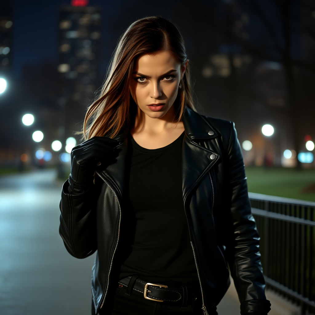 A beautiful angry female burglar in a black leather jacket over a black t-shirt with black pants and gloves in Manhattan park at night.