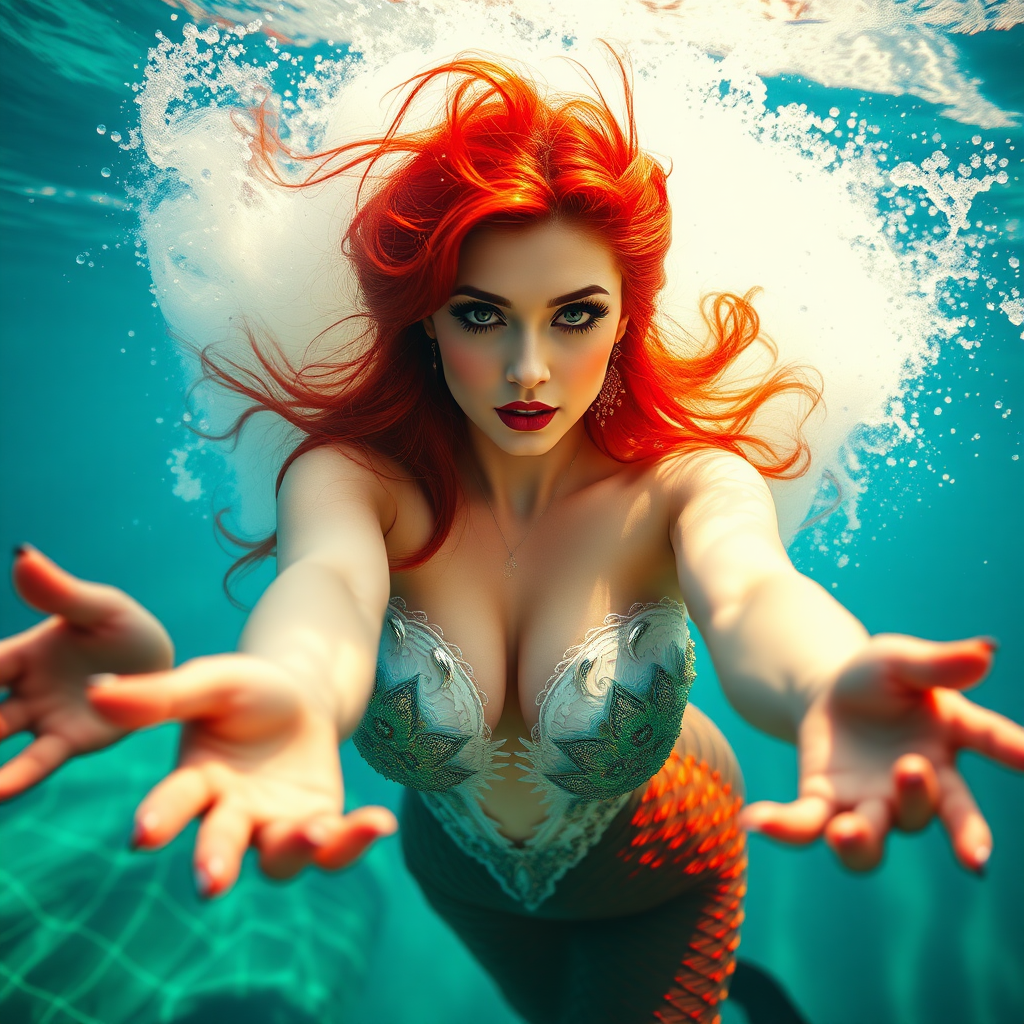 Vampirella as a mermaid underwater hair floating in a nimbus around her beautiful face her arms outstretched towards the viewer and she's looking down into the viewer's eyes making intense eye contact. diaphanous. Real DSLR HD Photography.