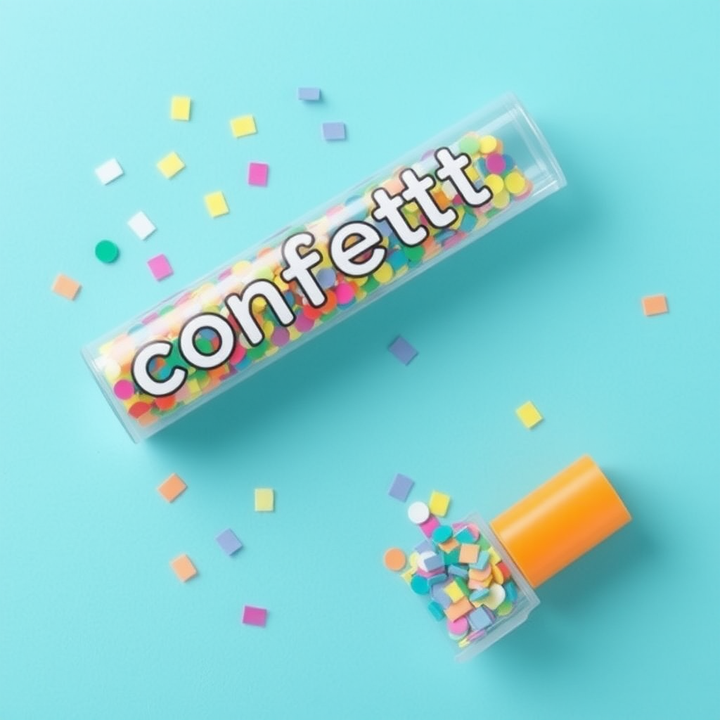 colorful confetti popper tube with text "confetti" on it