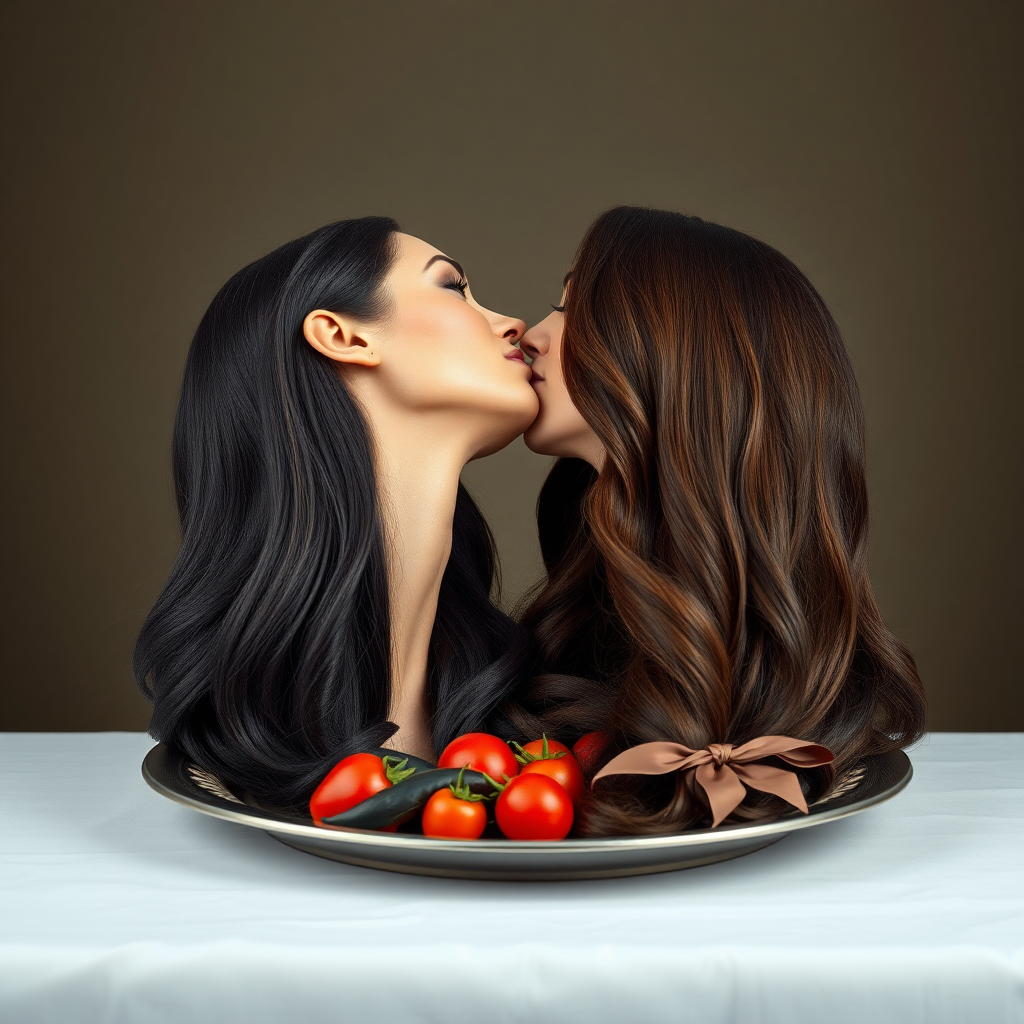 Surreal image of the disembodied heads of very long haired Meghan Markle and very long haired Kate Middleton served on a platter. They are kissing each other.