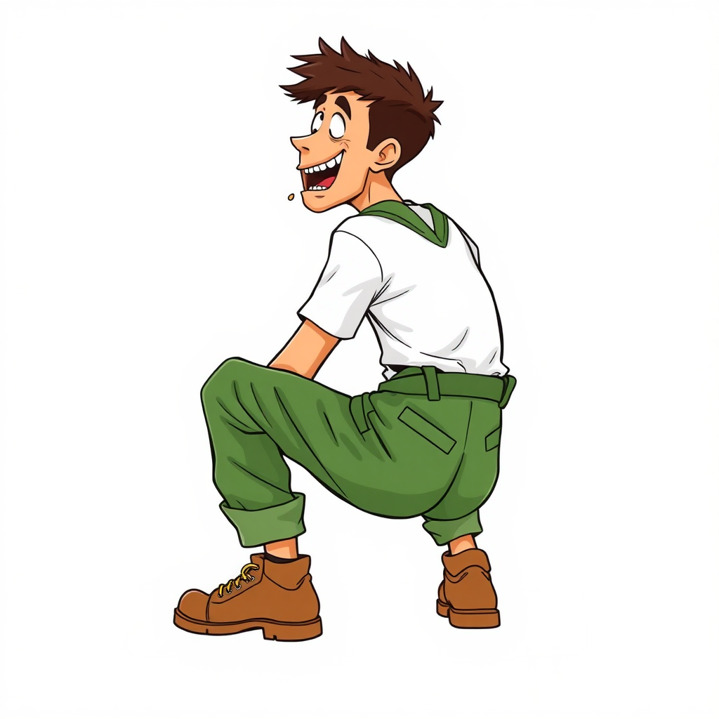 nervous small 15 year old european skinny man, long sleeves green rolled down coveralls, tense fabric, white t-shirt, squatting, stunned, mesmerized, joyful, heavy drooling, side view, safety shoes, detailed feet, 2D, caricature, cartoon, Sketch lines, coloring book, coloring book, side rear view