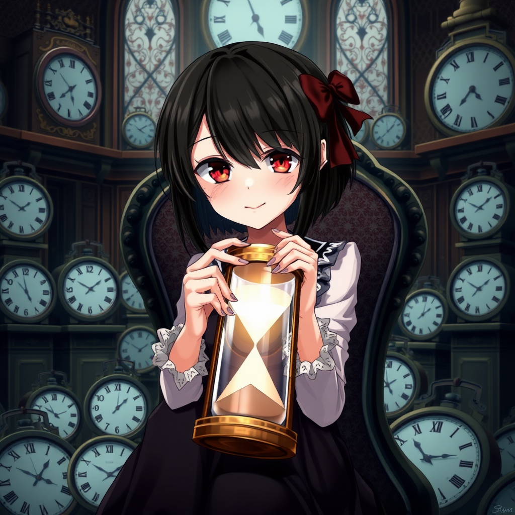 An anime girl with black hair and red eyes is carrying an hourglass. She has a smile like a villain and pale skin like a vampire. The girl is sitting on a chair of a noble mansion. Inside the room, there are many other clocks surrounding her.