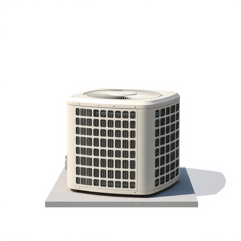 A simple, high-resolution, realistic image of a standard residential outdoor air conditioning unit or condenser. The unit should be placed on a flat surface, such as a concrete pad. The unit should be a neutral color like white, beige, or gray. The image should have a plain, uncluttered background to serve as a generic stock photo. No text.